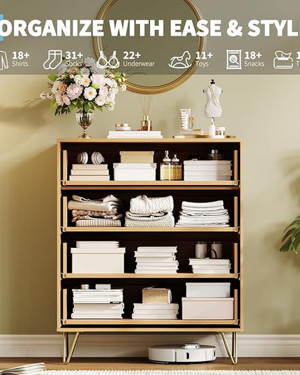 Garvee Fluted Dresser for Bedroom with 4 Drawers,32" Wide Modern Chest of Wooden Bedroom Chest with Metal Handle,Wide Clothes Storage Organizer,Closet Dresser & TV Stand for Living Room,Natura Oak