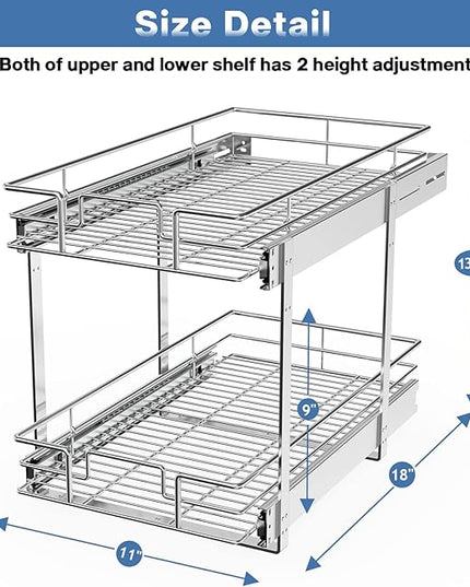 LOVMOR 2 Tier Individual Pull Out Cabinet Organizer 11" W x 18" D, Slide Out Kitchen Cabinet Storage Sliding Shelves