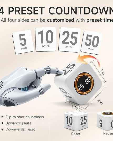 Exlliy Rotating Productivity Timer 5, 25, 10, 50 Minutes Preset, Desk Cube w/Gravity Sensor for ADHD, Mute Functions, Ideal for Work, Study, Kitchen, Back to School (1, White)