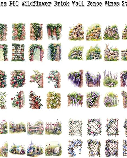 Dwpetzo Garden Flower Landscape Stickers for Journaling, 6 Themes Transparent PET Wildflower Brick Wall Fence Vines Stickers for Scrapbooking, Junk Journal Supplies, Collage, Planner, Mixed Media