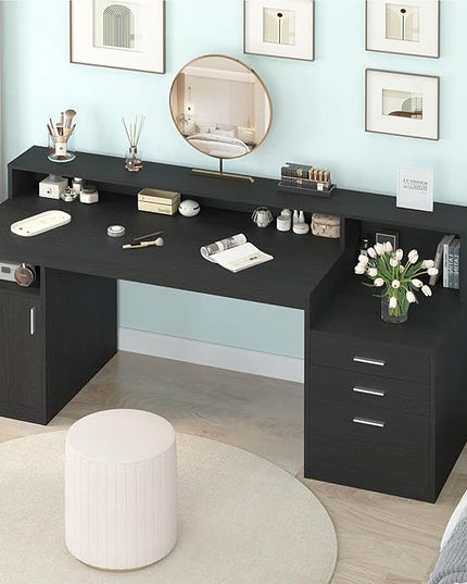 Computer Desk with 3 Drawer & Storage Shelves, Home Office Desk with File Drawer & Cabinet, Writing Study Table with Long Monitor Stand & Printer Shelf, Executive Desk, Black