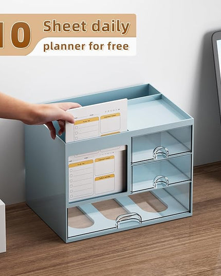 Marbrasse Desk Organizer with 3 Drawer, Multi-Functional Pencil Pen Holder for Desk, Desktop Organizer Storage for Office Home Art Supplies (Blue)