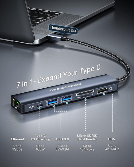USB C Hub Multiport Adapter, DockteckExpand 7-in-1 Type C Hub with 4K 60Hz HDMI,1Gbps Ethernet,100W PD,2 USB 3.0 Ports,SD/TF Card Slots for MacBook Pro, MacBook Air, iPad Pro, Surface, Steam Deck