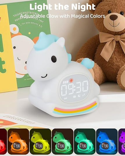 Alarm Clock with Night Light for Kids with Sleep Training and Sound Machine, Rechargeable Silicone Lamp OK to Wake Clock，Cute Animal Tabletop Lamp, Perfect Sleep Companion for Boys Girls，Blue Pony