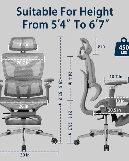 Big and Tall Ergonomic Office Chair with Footrest, 5D Adjustable Armrests, Lumbar Support, Mesh Reclining Swivel Chair for Home Office or Gaming, Adjustable Seat Depth, S3 Elite Pro Grey