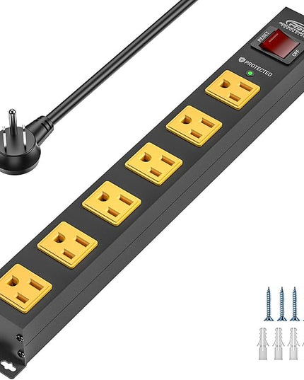CRST 6 Outlet Surge Protector Power Strip 2100J with Switch, 15A/1875W Metal Heavy Duty Power Strip, Wide Spaced Wall Mount Power Bar for Garage Worshop Home School, 6 FT Cord（ Black+Yellow）
