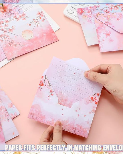 TaoBary 160 Pcs Stationery Paper Set 50 Double Sided Stationery Papers with 50 Matching Envelopes and 60 Round Dot Sticker, 10 Design(Cherry Blossom,5.5 x 8.25 Inch)