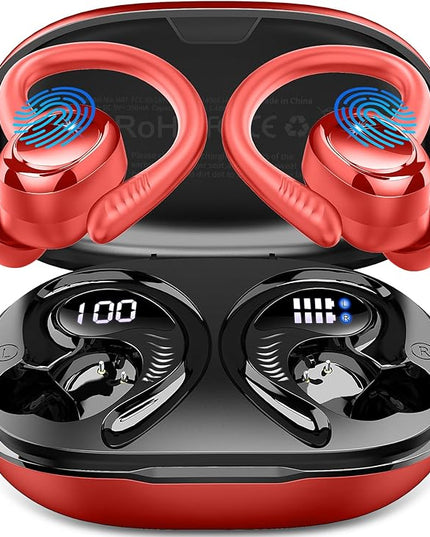 Wireless Earbuds Sport, New Bluetooth 5.4 Headphones with Earhooks, 50H Stereo Deep Bass Over Ear Buds with 4 ENC Noise Canceling Mics, IP7 Waterproof Earphones for Running Workout Gym -Red