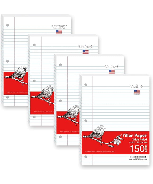 WritePads Notebook Paper Wide Ruled Loose Leaf Paper, Standard 8"x10-1/2" Bulk Lined Paper, 3 Hole Punched Filler Paper For 3 Ring Binder,150 Sheets/Pack, 4 Pack, White, MADE IN USA