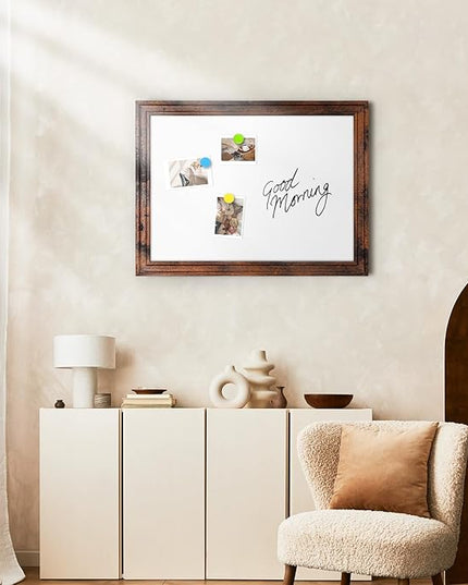 White Board for Wall, 24'' x 18'' Magnetic Dry Erase Board, Decorative Whiteboard, Brown Vintage Wooden Frame
