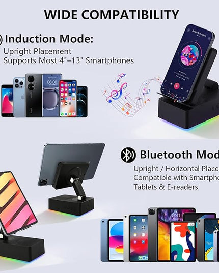 Wireless Induction Bluetooth Speaker, 5-in-1 Foldable Phone Holder, 1500mAh Emergency Charging, Colorful LED Ambient Light, Tech Gadgets Gifts for Men Women, for iPhone Android Tablet, Black