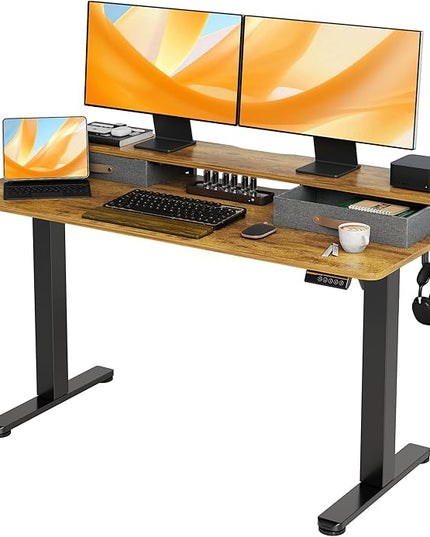 Seang Electric Standing Desk with 2 Drawers, Adjustable Standing Desk with Storage Shelf, Height Adjustable Stand up Desk for Home Office with 3 Presets & 2 Hooks, 55 Inch, Rustic Brown