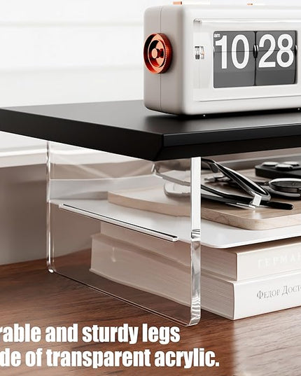 Dual‑Tier Monitor Stand for Modern Desk Setup – Minimalist Wooden and Metal Riser Shelf with Transparent Acrylic Feet for Dual Monitors, Laptops, Home Office Aesthetic，Black and White