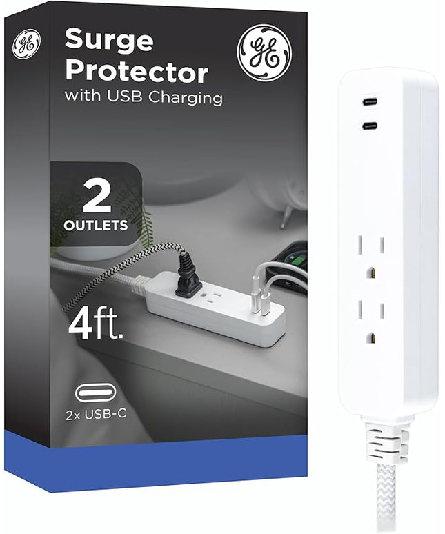 GE 2 USB C Extension Cord Power Strip, 2 Outlets, 4 Ft Braided Cord, Flat Plug, 245 Joules, 12W Charging Power, 16AWG, White, 87434