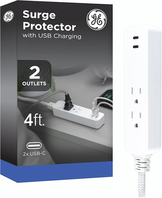 GE 2 USB C Extension Cord Power Strip, 2 Outlets, 4 Ft Braided Cord, Flat Plug, 245 Joules, 12W Charging Power, 16AWG, White, 87434