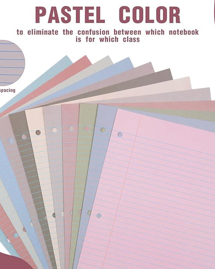 PerKoop 600 Sheets Colored Loose Leaf Paper 8.5" x 11" college ruled Lined 3 Hole Punched notebook Filler Paper for 3 Ring Binders Office School Supplies (Sweet Color)