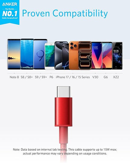 Anker Cable [2 Pack, 6FT], USB A to USB C Cable for iPhone 17 Series,Samsung Galaxy S10 S10+, LG V30, Beats Fit Pro and More (Red)