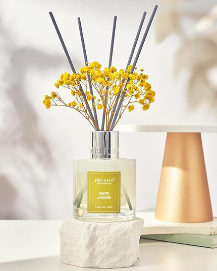 Airkeep Reed Diffuser Set,3.38 fl oz (100 ml) - White Jasmine Oil Diffusers with 8 Reed Sticks, Home Fragrance Reed Diffuser for Bathroom Shelf Decor