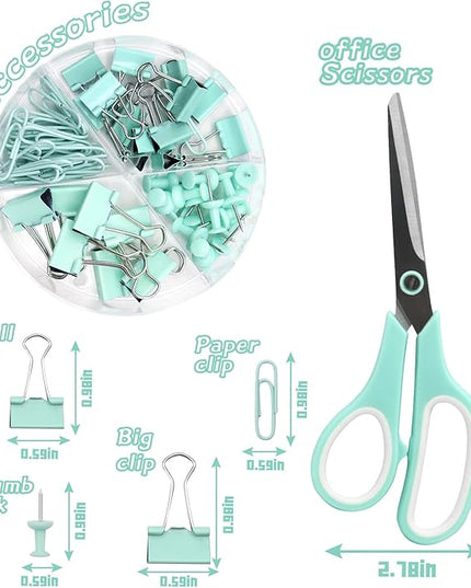 Green Office Supplies,UPIHO Teal Desk Accessories,Stapler and Tape Dispenser Set for Women with Stapler,Tape Dispenser,Staple Remover, Staples, Clips, Scissor and Tabs for Students, Office Clerks