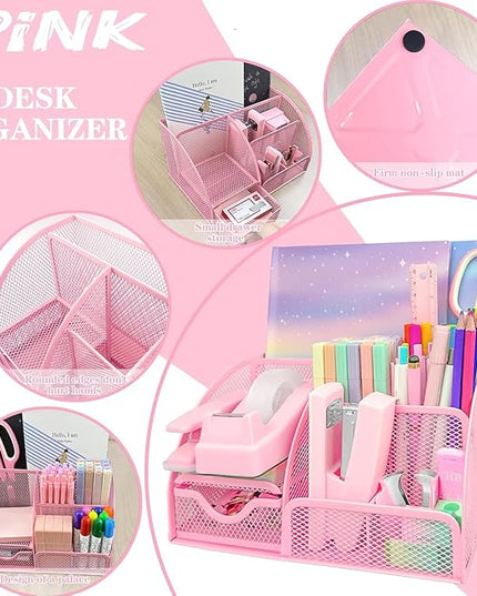 Pink Office Supplies, 17Pcs Pink Desk Accessories Set Include Stapler, Mesh Desk Organizer, Tape Dispenser, Staple Remover, Pen Holder, Clips, Pens, Ruler, for Office Home School Women Students Gift