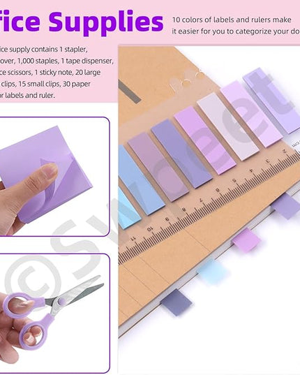 Swpeet 9Pcs Purple Office Supplies Kit, Desk Accessories Including Stapler, Tape Dispenser, Staple Remover, Tabs, Scissors, Staples, Tape, Clips and Sticky Note Ideal for Office and School