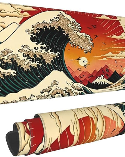 Japanese Wave Sun Gaming Mouse Pad XL, Large Non Slip Rubber Mousepad, Stitched Edges Mouse Pads, Long Extended Mouse Pad,31.5'' X 11.8''