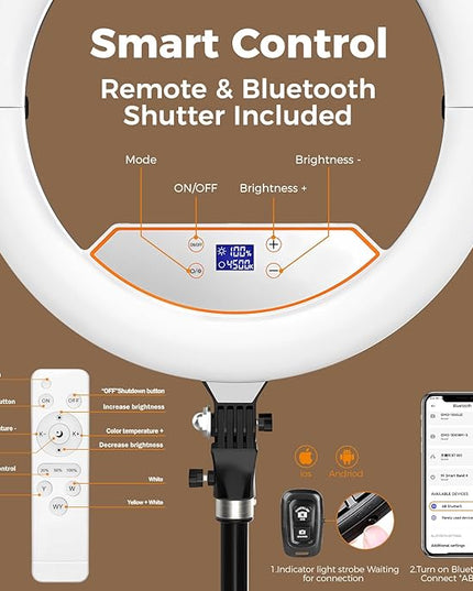18" Large Ring Light with 60" Tripod Stand for iPhone, Portable Foldable Bi-Color 2500-6500K LED Big Ringlight for iPad with Bluetooth Remote Video Recording YouTube TikTok Photography Makeup