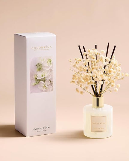 COCORRÍNA Reed Diffuser - Jasmine & Mint 6.7 Fl.oz Reed Diffuser Set with Sticks & Preserved Baby's Breath, Reed Diffuser for Home Bathroom Shelf Decor