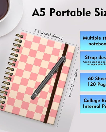 Spiral Journal Notebook, A5 Cute Notebooks for Women Men, College Ruled Hardcover Notebook for Work & Note Taking, 60 Pages Double-Wire Journals for Writing (Pink Checkerboard)