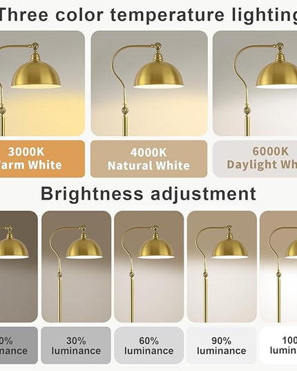 Bright LED Gold Reading Floor Lamp with Remote Control and Bluetooth Dimming,Living Room Bedroom Bedside Office Study Library Adjustable Standing Tall Lights, Unique Modern Brass Home Decor Essentials