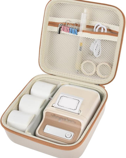 ALKOO Case Compatible with NIIMBOT B21 / Pro / B1 Label Maker Wireless Thermal Label Printer, Holder for Inkless Label Maker & Labeling Tapes Refills, with Mesh Pocket for Cable Accessories (Beige)