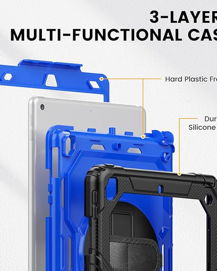 Timecity Case for iPad 9th/ 8th/ 7th Generation 10.2 inch - Heavy Duty Protective Cover with Screen Protector, Rotating Stand, Shoulder Strap & Pencil Holder | Kids-Friendly (Dark Blue)