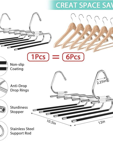 Upgrade 6 Layers Pants Hangers Space Saving, 2Pack Stainless Steel Multifunctional Rack Non Slip S-Type Clothes Jean Hanger Closet Organizer for Jeans Leggings Trousers Skirts Scarf, White