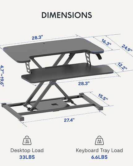 FLEXISPOT Standing Desk Converter 28" Wide Height Adjustable Sit Stand Riser, Small Size Desktop Workstation with Keyboard Tray for Home and Office, Black