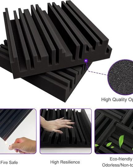 TroyStudio Self-adhesive Acoustic Foam Panels, 12 X 12 X 2 Inches 18 Pcs Broadband Sound Absorbing Foam, Dense Soundproof Padding Tile, Recording Studio Foam Absorber, Groove Decorative Wall Panel