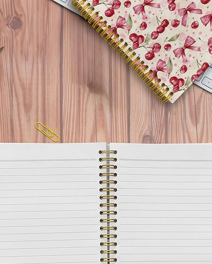 JKMBN Coquette Pink Bow Cherry Spiral Notebook for Women Girls, Vintage Journaling Notebooks, Cute Pink Notebook Journal, Pink Office Supplies, Hardcover Spiral Lined Notebook 5.5 x 8.3