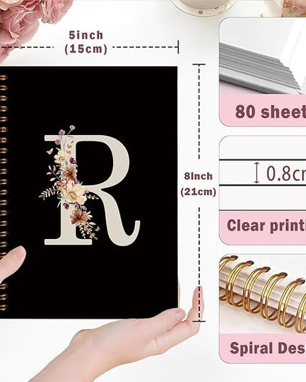 Lacama Black Initial Letter R School Notebook Journal, Cute Wildflower Personalized Spiral Notebook, School Supplies, Customized Monogrammed Gifts, Birthday Gifts for Women, Office Supplies