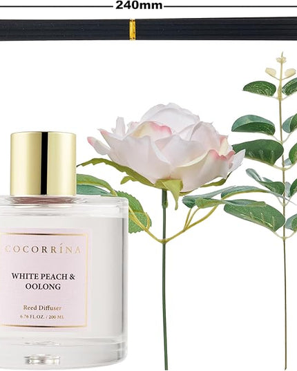 Cocorrína Flower Reed Diffuser - White Peach& Oolong 6.7oz Scented Diffuser with Sticks Home Fragrance Essential Oil for Bathroom Shelf Decor (Artificial Flower)