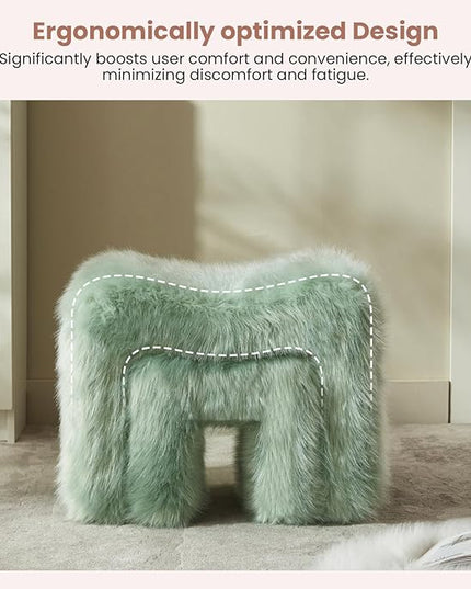 Ottoman Set of 2 Small Footstool Ottoman Vanity Stool Chair Faux Fur Seating Backless Modern Foot Rest Furry for Makeup Room Living Room Bedroom Entryway,Green(2-in-1)