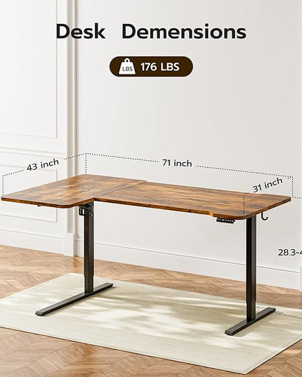 71 Inch L Shaped Standing Desk Adjustable Height, Electric Corner Standing Desk, Sit Stand Computer Table with Reversiable Splice Board, Rustic Brown