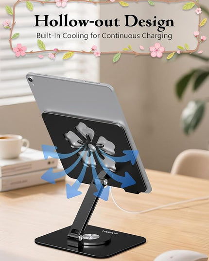 Tablet Stand for iPad, 360° Rotating Aluminum Foldable Holder – Adjustable Desk Stand | Fits iPad Pro 12.9/11,Samsung Galaxy Tab – Portable for Home, Office & Travel,Black