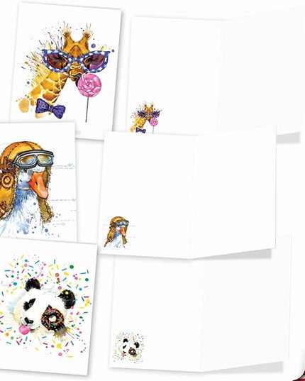 The Best Card Company Assorted Wildlife Watercolor Blank Card Box Set - Incl. 10 Animal Designs Notecards + Envelopes for Thank You, Invitations, More - Funky Colorful Creatures AM6749OCB-B1x10-NB
