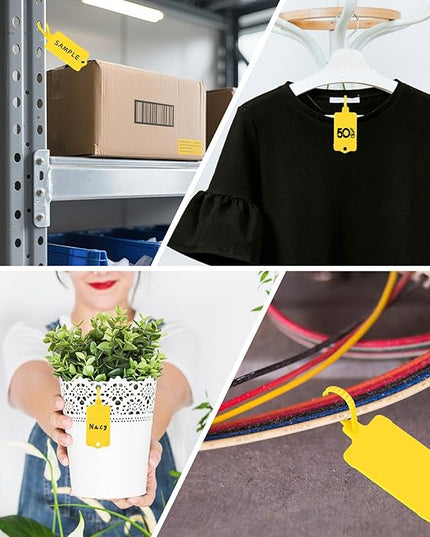 LeonBach 100 PCS Plastic Shipping Tags, 1.46" x 2.48", Waterproof Labels Writable Hanging Tag with Sealing Strap, Shipping Cable Tie Label Tags for Keys Luggage Logistic Retail Inventory(Yellow)