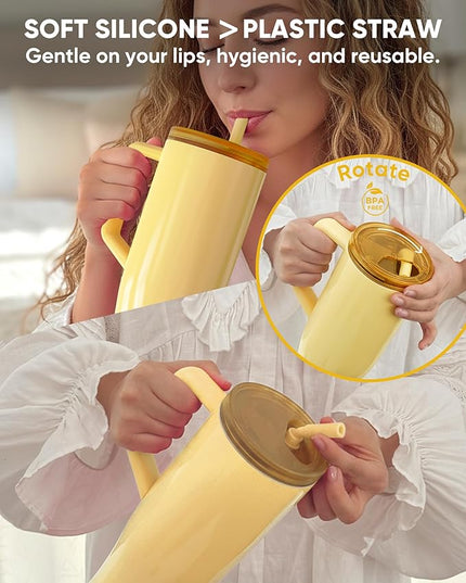 KISSKIND 40 oz Lumispin Tumbler with Handle and Hidden Straw, 100% Leak Proof Water Cup with Handle, Insulated Water Bottle for Travel, Mom, Nurse, Teacher, Student, Butter Yellow