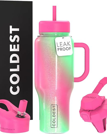 Coldest Tumbler with Handle and Straw - 100% Spill Proof Tumbler with Straw (3 Lids) - Stainless Steel Insulated Leakproof Tumblers for Women & Men - 36 oz (Coldie Dream)