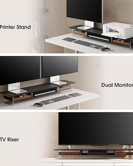 Fenge Dual Monitor Stand with Drawer, 42.5 Inch Large Monitor Riser with Acrylic Legs Supports, Computer Stand for Desk, 2 Tier Wood Desk Shelf with Storage Organizer for PC, Laptop, Printer, TV