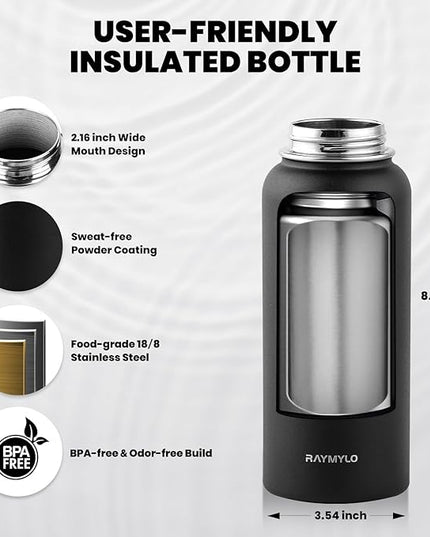 Insulated Water Bottle 32 oz, Triple Wall Vacuum Stainless Steel (Cold for 48 Hrs), Leak Proof & Non-BPA, Modern Water Flask Jug with Paracord Handle & Straw Spout Lids, Magic Black