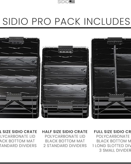 SIDIO Crate Pro Pack - 2 Full-Size & 1 Half-Size Heavy Duty Stackable Storage Bins, Totes and Containers with Lids and Dividers - Durable Plastic Organizer for Home, Office, Garage, and Outdoor Use