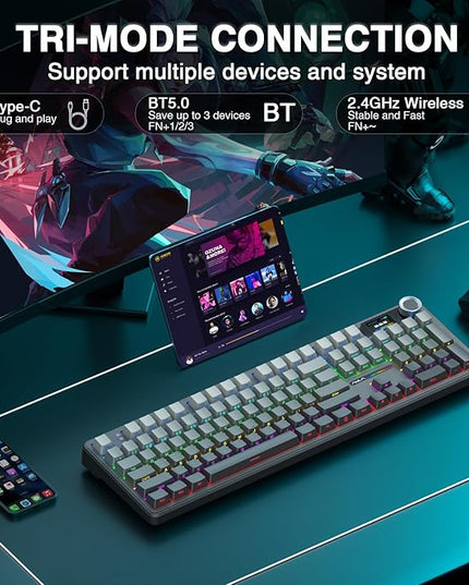 AULA F108 PRO - Wireless Mechanical Keyboard with Screen & Knob,Full Size Keyboard with 8000mAh Battery,Pre-lubed Switches,Side Printed PBT Keycaps,RGB Backlit Hot Swappable Custom Gaming Keyboards