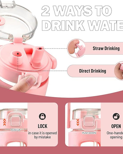 BLUEGO 40oz Glass Tumbler with Lid and Straw, Glass Water Bottles with Handle, Glass Cup with Time Marker and Silicone Sleeve, Fits Most Cup Holder, Leak-proof, Pink